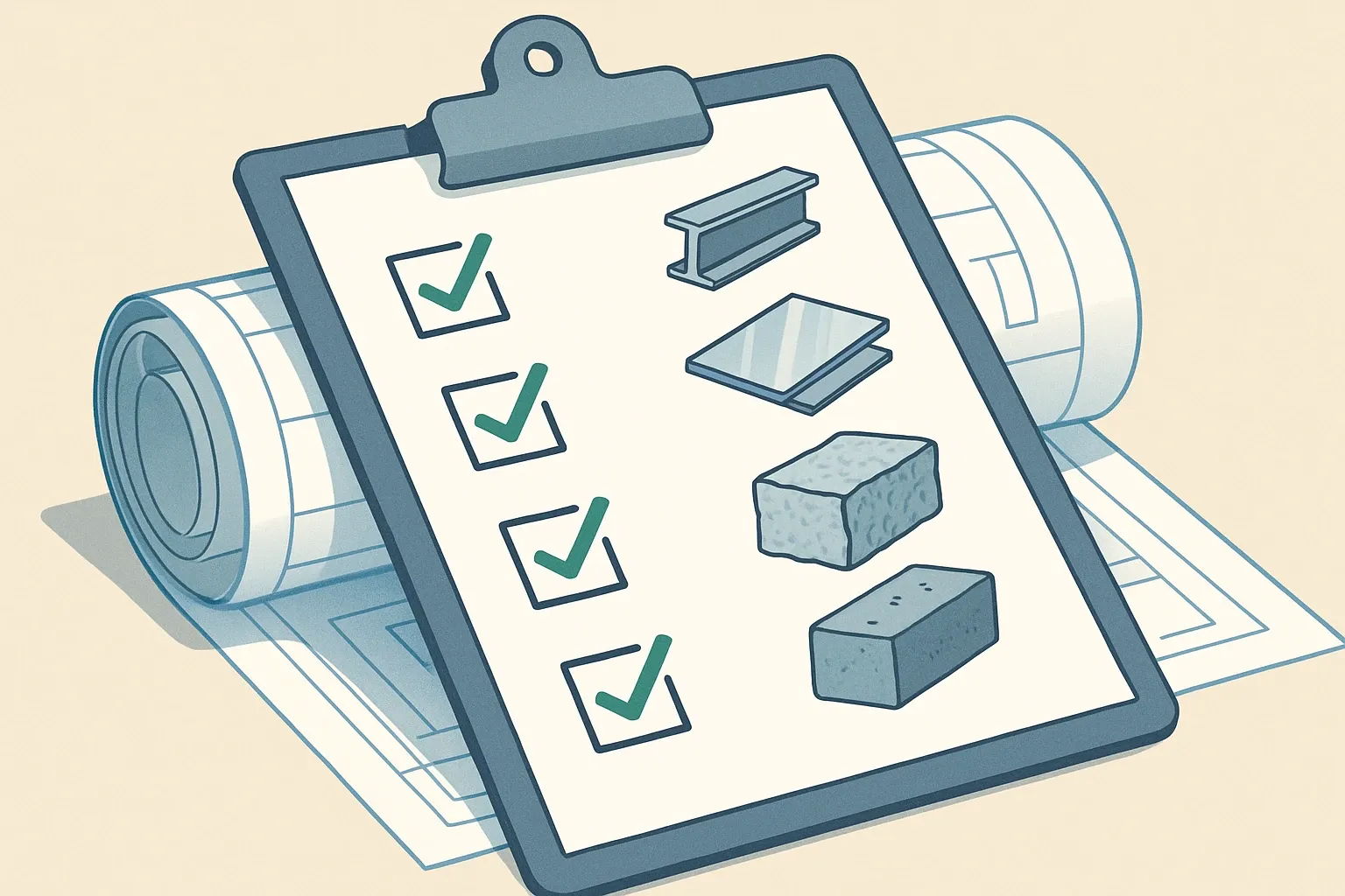 A clean, minimalist checklist clipped to a plan set showing checkmarks next to EPDs for steel, glass, mineral wool, and concrete. The aesthetic signals speed and clarity.
