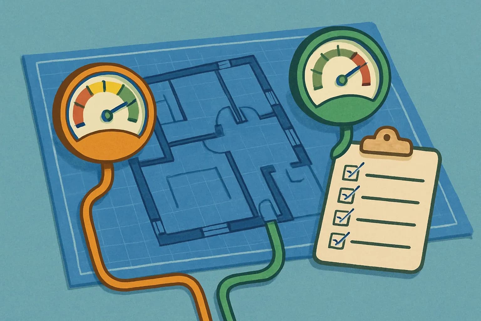 A floor plan where one meter shows operational energy and the other shows embodied carbon, both feeding a single compliance checklist.