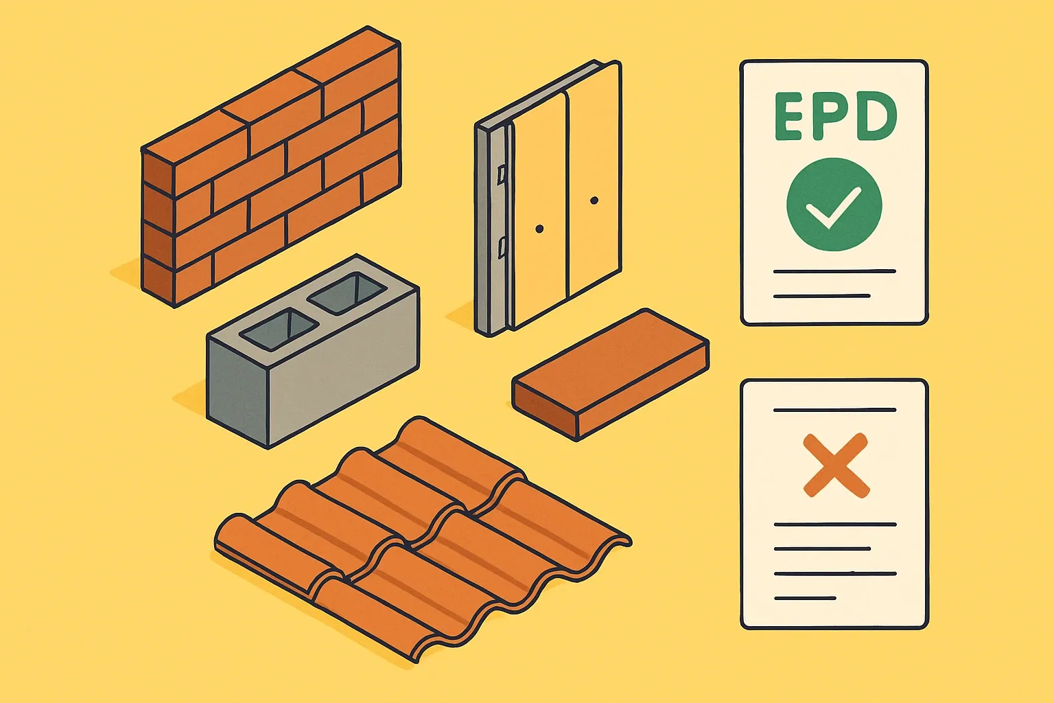 Generate an illustration for an article following this concept:
Brickworks: products and EPD coverage snapshot
Brickworks spans bricks, blocks, pavers, cladding systems, and roofing. For spec‑driven work, the question is simple but brutal: where do Environmental Product Declarations actually exist across that range, and where are they missing, costing them a seat at shortlists that prefer or require EPDs?
Ensure that you use no text, as this illustration will be used on international translations of the article..
Use an illustrative style (e.g. isometic) and don't generate in a photorealistic style.