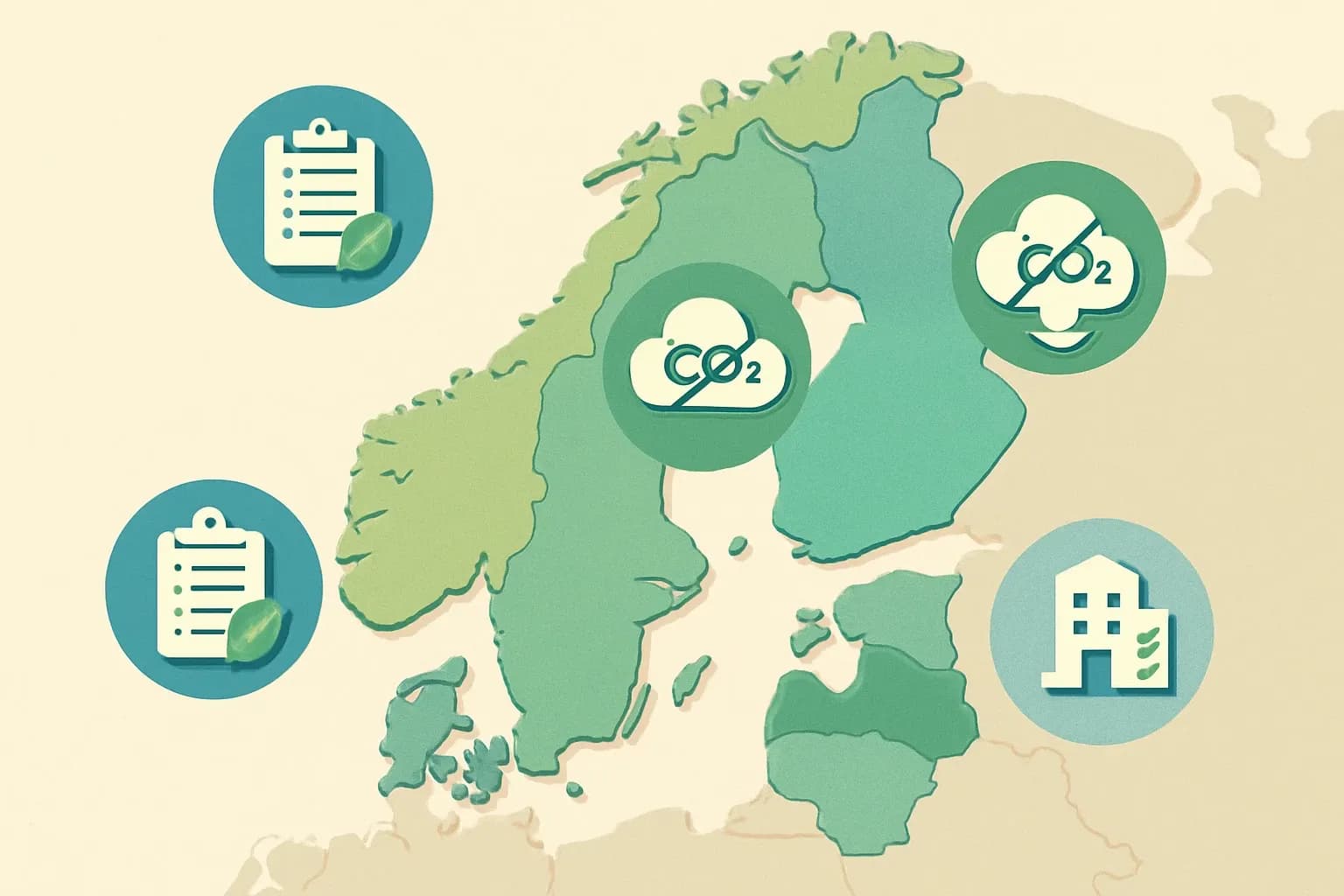 A clean map of the five Nordic countries with icons for climate declarations, carbon limits, and LCA requirements, visually distinguishing which policy applies where.