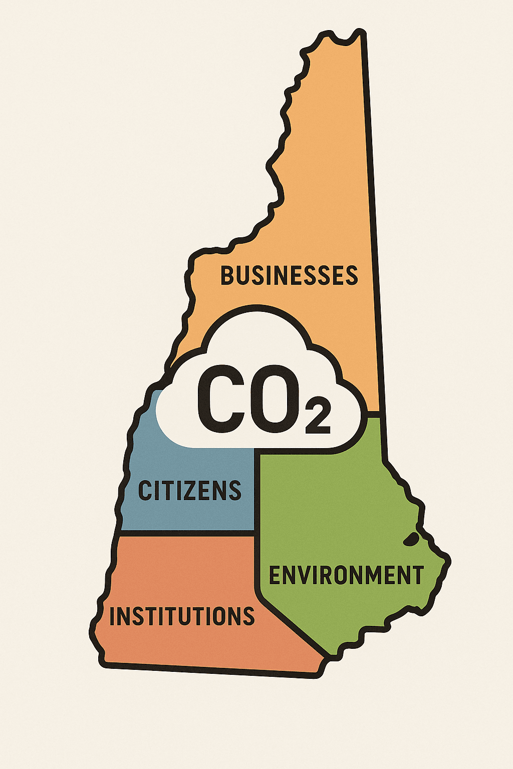 New Hampshire state outline divided into sectors: citizens, businesses, institutions, and environment — with carbon icons overlayed