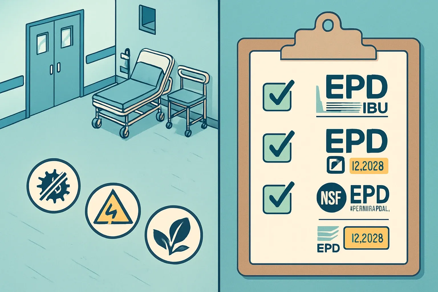 Left side shows a seamless resin floor with icons for hygiene, ESD, and low VOC. Right side shows a checklist with EPD stamps from IBU, NSF, and EPD International, with validity dates highlighted.