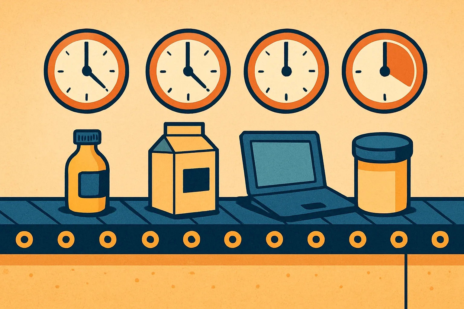 A row of product icons on a factory conveyor with a large circular timer above each, one approaching zero to show urgency.