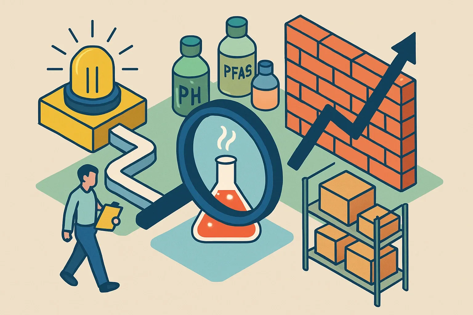 Generate an illustration for an article following this concept:
HPDs are your chemical early warning system
PFAS and certain phthalates are meeting a rising wall of rules and retailer policies. Manufacturers that use HPDs as an internal audit find Red List chemicals early, reformulate on their schedule, and avoid stranded inventory when state bans or no buy lists click into place. The kicker is ROI. Continuous material health work costs less than emergency redesigns and keeps products in spec when projects require ingredient transparency under LEED v5.
Ensure that you use no text, as this illustration will be used on international translations of the article..
Use an illustrative style (e.g. isometic) and don't generate in a photorealistic style.