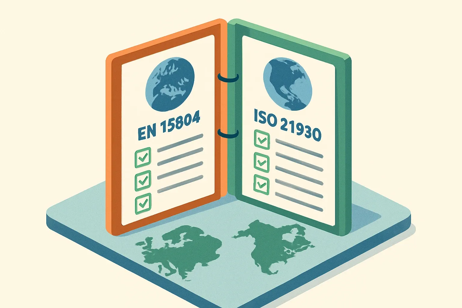 Generate an illustration for an article following this concept:
EN 15804 and ISO 21930, one portfolio
Selling in Europe and North America does not require parallel EPD universes. Most buyers and schemes accept product‑specific, ISO 14025 Type III EPDs that conform to either EN 15804 or ISO 21930 and are third‑party verified. The smart play is a dual‑aligned setup that covers both lenses without duplicating work.
Ensure that you use no text, as this illustration will be used on international translations of the article..
Use an illustrative style (e.g. isometic) and don't generate in a photorealistic style.