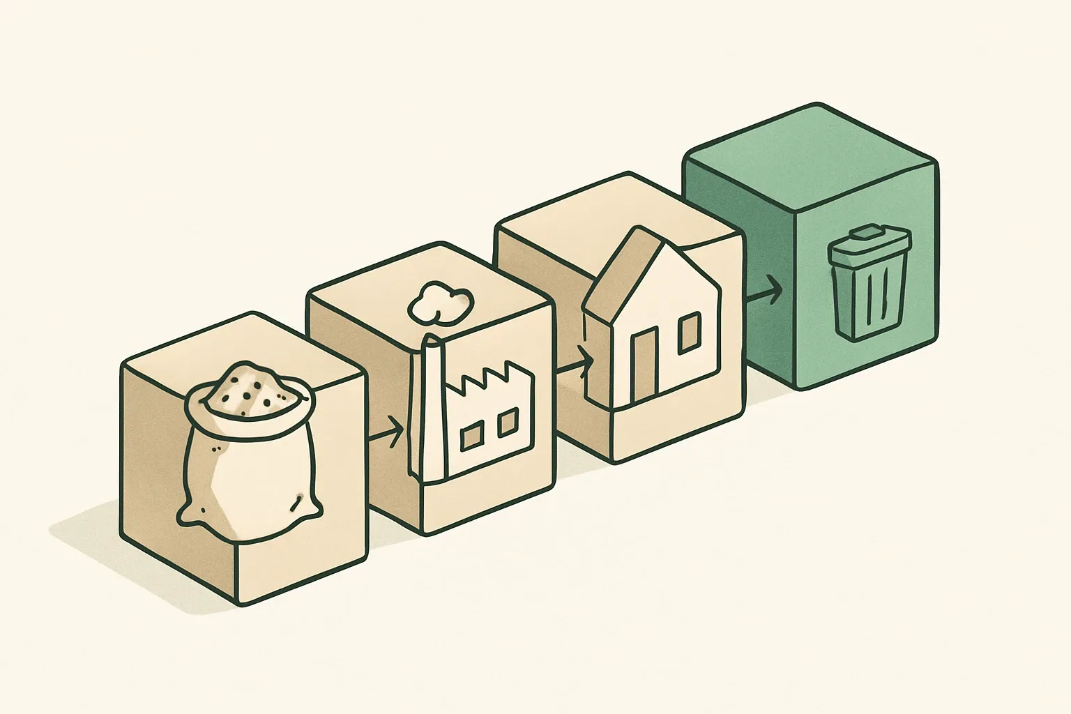 A clean diagram of the product life cycle showing A1–A3, B, C1–C4, and D as connected blocks, with simple icons for extraction, factory, use, and end‑of‑life.