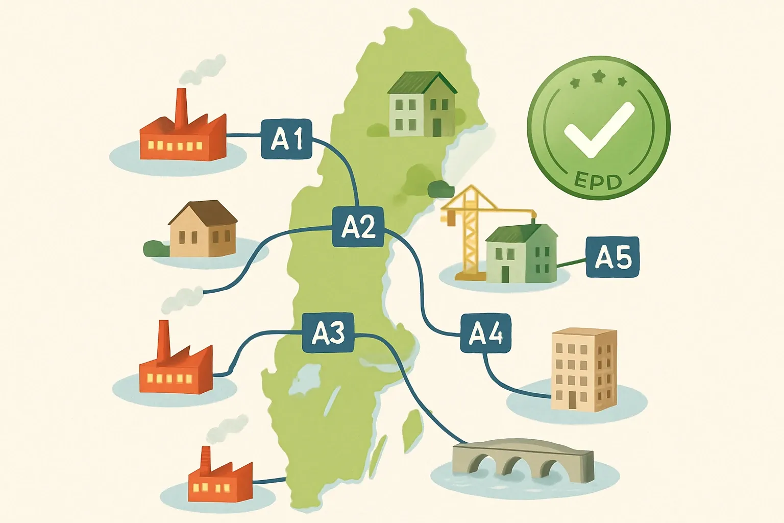 A stylized map of Sweden with icons for buildings and infrastructure. Lines connect factories to project sites, with small tags showing A1–A5 and a checkmark badge for EPDs.