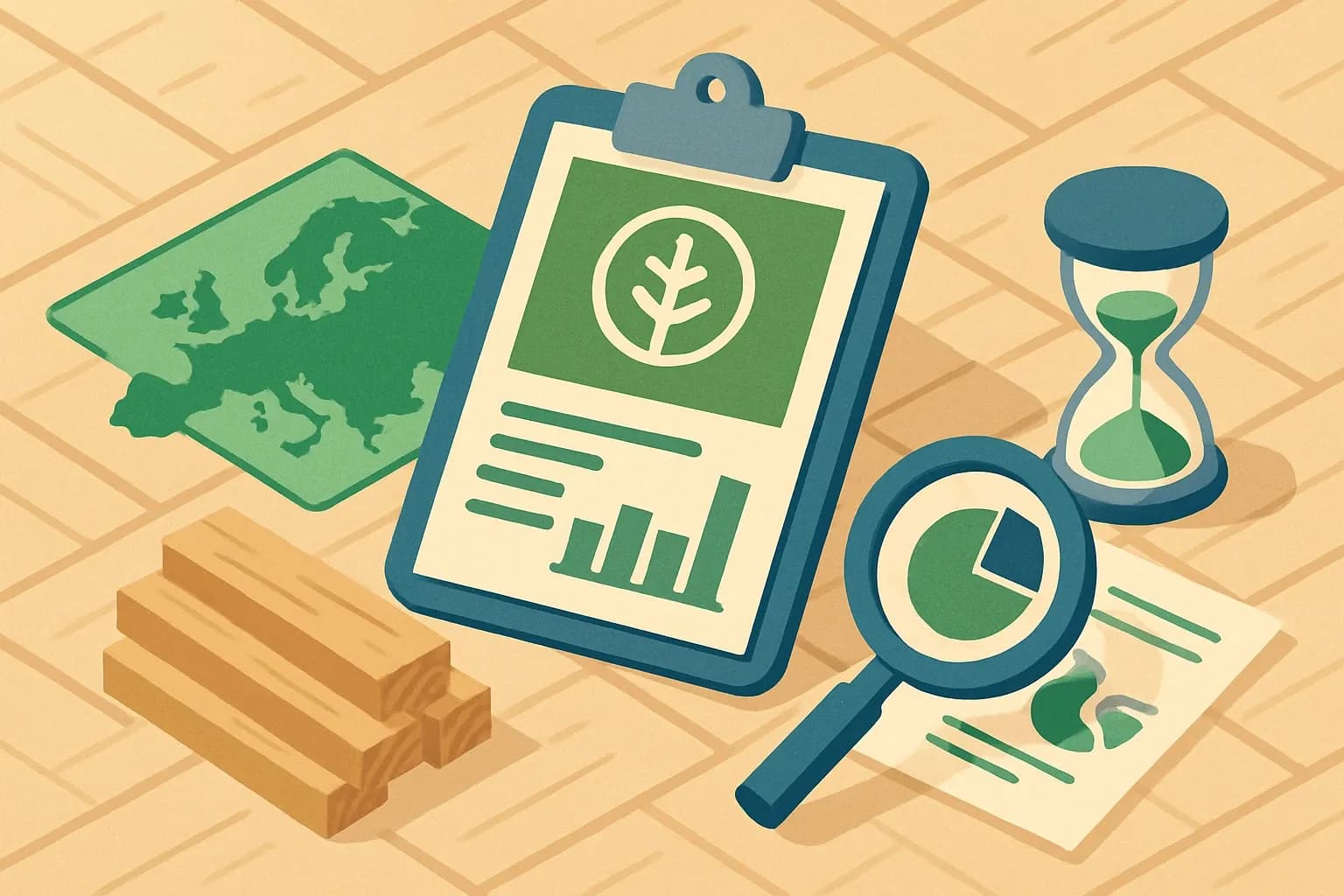 Generate an illustration for an article following this concept:
EPDs for Mass Timber in Europe: The Data‑Backed Guide
The 2026 snapshot for mass timber, CLT, glulam, and LVL EPDs in Europe, with who is publishing, which PCRs dominate, and what expires next. All figures reflect the public registry architects rely on. Some late‑2025 publications may still be loading, so treat 2025 counts as provisional.
Ensure that you use no text, as this illustration will be used on international translations of the article..
Use an illustrative style (e.g. isometic) and don't generate in a photorealistic style.