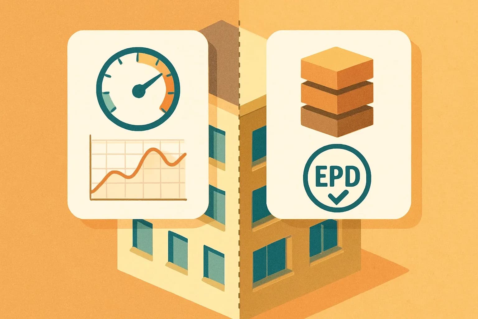 A split visual showing a building with two overlaid dashboards: Operational energy on one side with meters and curves, Embodied carbon on the other with material stacks and a verified EPD stamp.