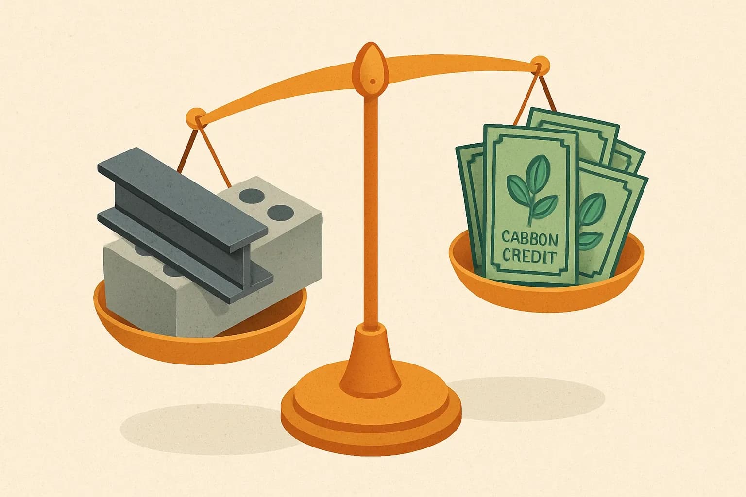 A balance scale with a concrete block and a steel beam on one side and a stack of carbon credits on the other, showing how lower‑carbon materials tip the balance toward credits.