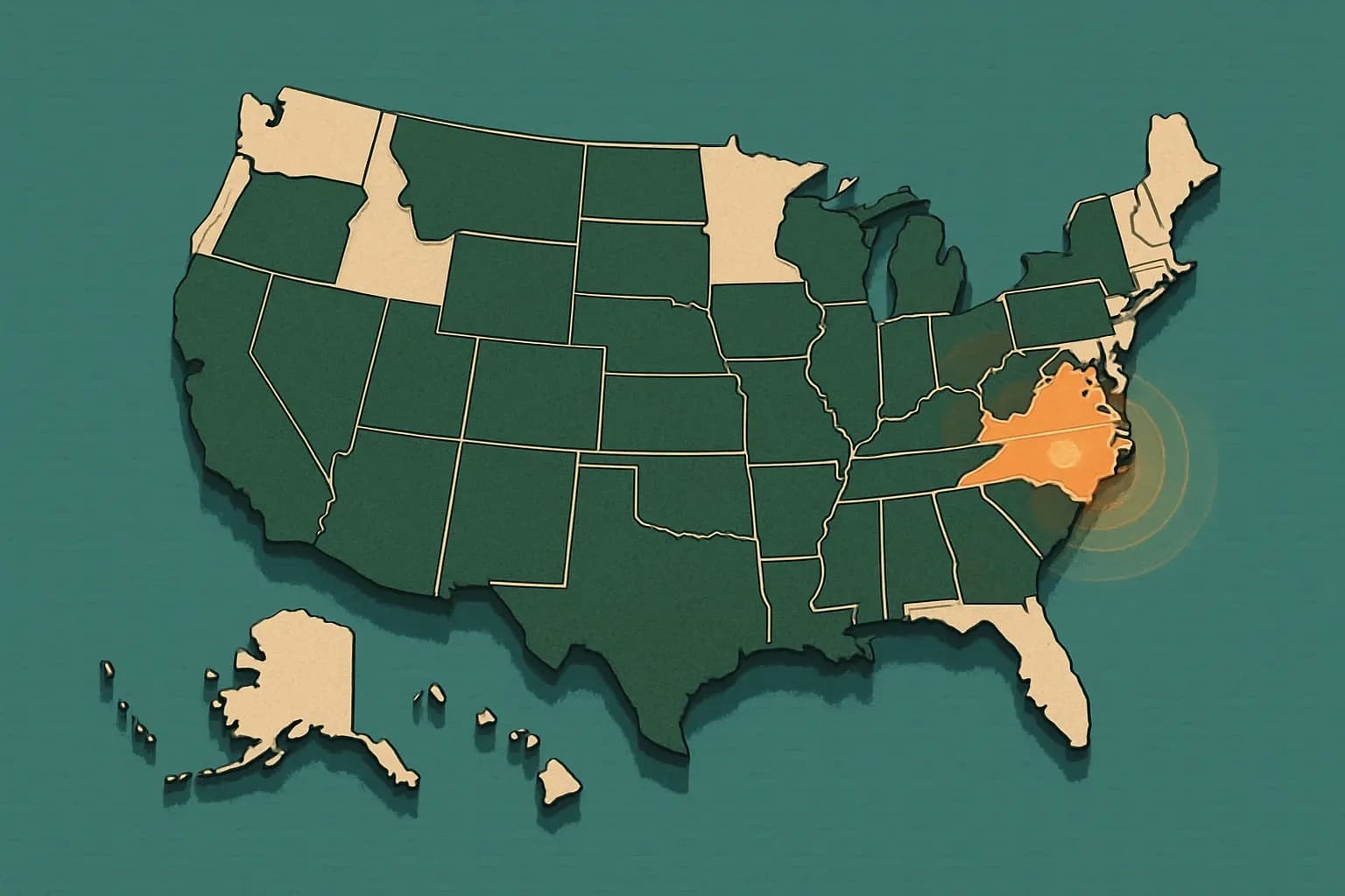 Map of the US highlighting states that already require asphalt EPDs, with Virginia pulsing as 'next mover'.