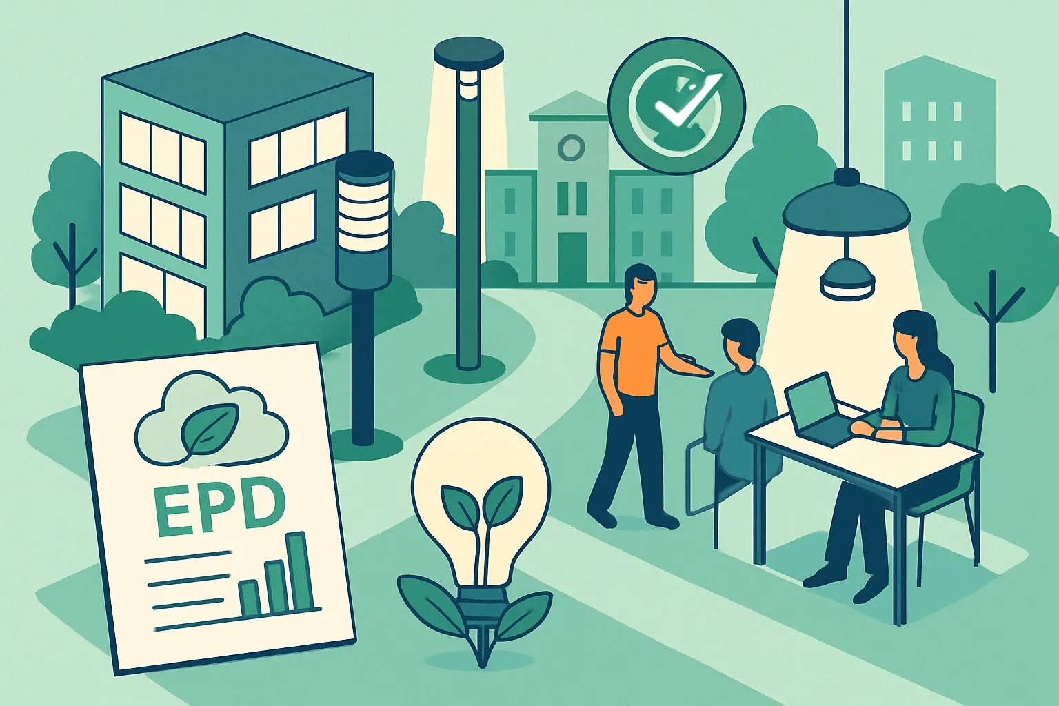 Generate an illustration for an article following this concept:
Luminis Lighting: Portfolio and the EPD Opportunity
Luminis builds sleek, specification‑grade luminaires for campuses, civic spaces, and contemporary interiors. Their design story is strong. The next growth lever is simple to name and harder to ignore: product‑specific EPDs that keep them in play on carbon‑screened projects and LEED v5 pursuits. Here’s where Luminis shines today, where the gaps sit, and a clean path to close them.
Ensure that you use no text, as this illustration will be used on international translations of the article..
Use an illustrative style (e.g. isometic) and don't generate in a photorealistic style.