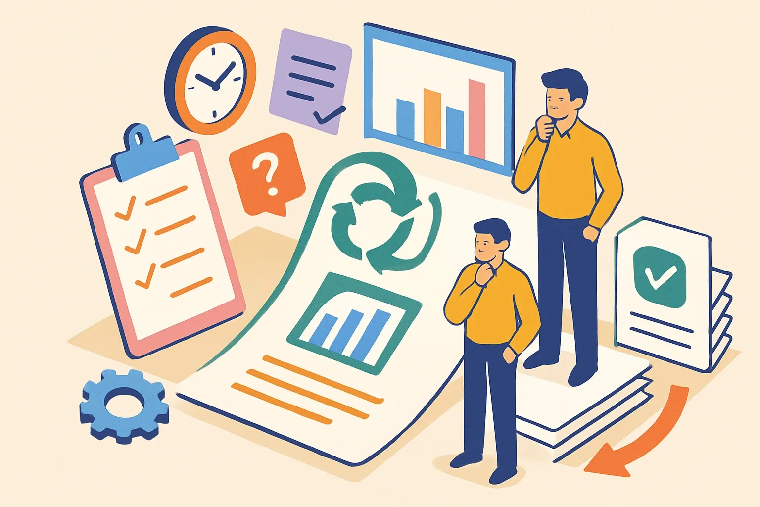 Generate an illustration for an article following this concept:
EPD Maintenance After Year One, Simplified
The first EPD is a milestone. Year two is the reality check. Customer RFIs, formulation tweaks, and PCR revisions pile up while bids keep moving. A smart maintenance plan keeps declarations current without constant change orders or last‑minute scrambles. Here is a playbook that aligns technical changes with commercial promises and restores calm.
Ensure that you use no text, as this illustration will be used on international translations of the article..
Use an illustrative style (e.g. isometic) and don't generate in a photorealistic style.