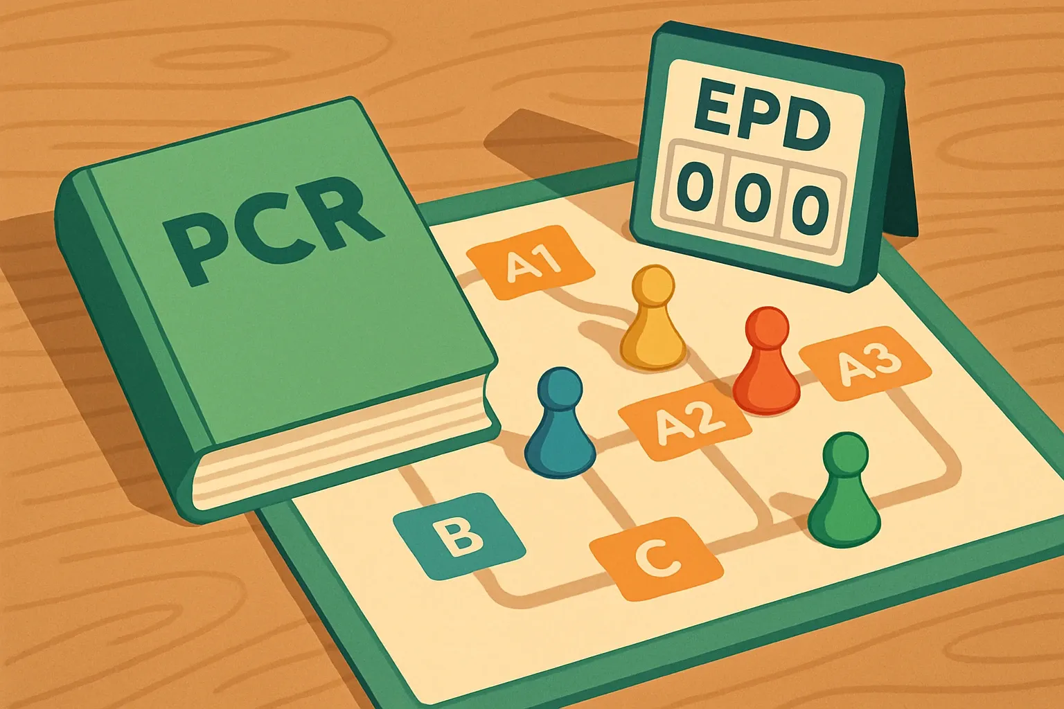 A tabletop scene with a board game metaphor. A rulebook labeled PCR, a scoreboard labeled EPD, and game pieces moving along tracks labeled A1 to A3, A4, A5, B, and C.