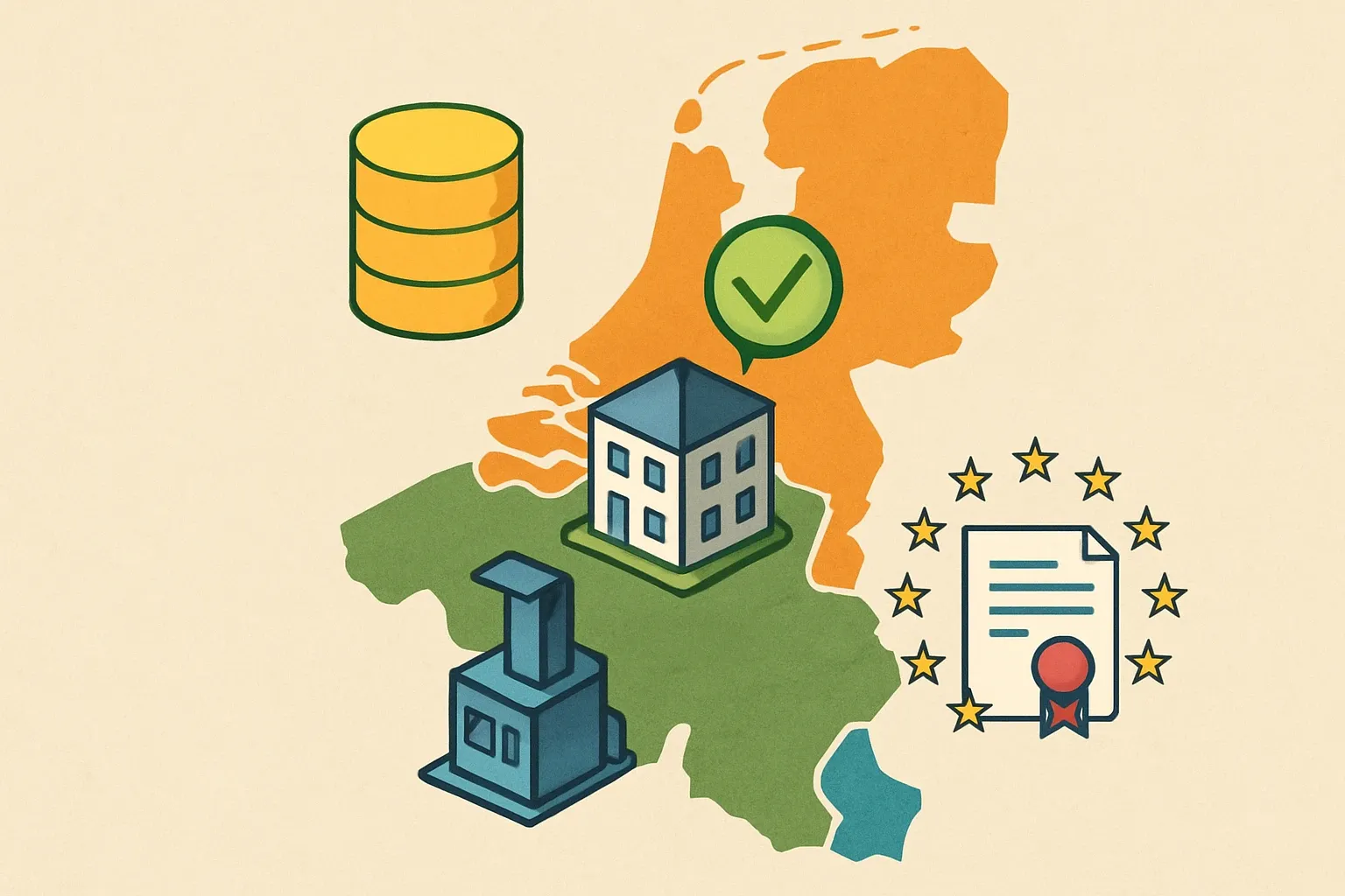 A clean map highlighting Belgium, Netherlands, Luxembourg, each with an icon representing its main EPD pathway: a database icon labeled NMD for the Netherlands, a verified stamp flowing into a building model labeled TOTEM for Belgium, and a certificate icon surrounded by EU stars for Luxembourg.