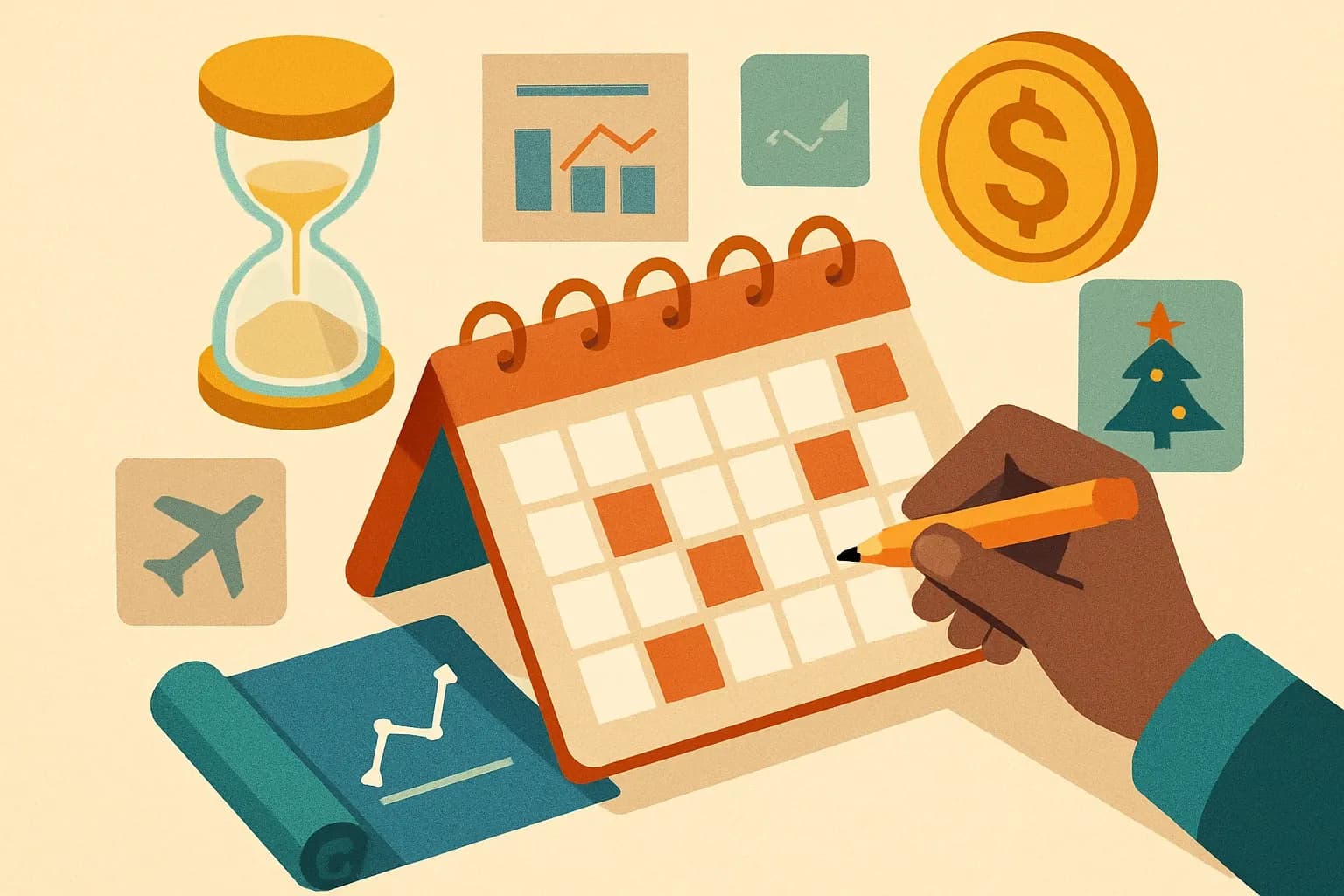 Generate an illustration for an article following this concept:
Time your EPD around budgets and big seasons
EPD work gets stuck when it collides with real life. Year‑end budget scrambles, leadership offsites, factory holidays, and trade shows tug the calendar in opposite directions. This guide layers a realistic EPD timeline over those rhythms so teams pick start dates that glide, not grind.
Ensure that you use no text, as this illustration will be used on international translations of the article..
Use an illustrative style (e.g. isometic) and don't generate in a photorealistic style.