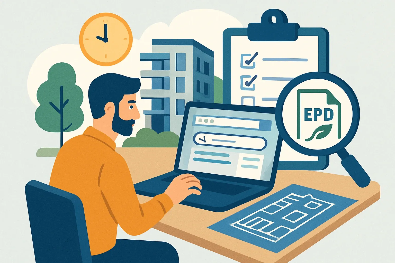 Generate an illustration for an article following this concept:
Can Architects Find Your EPDs? A 20 Minute Audit
If architects cannot locate your EPDs in seconds, the spec goes cold and revenue quietly leaks. A recent field study found that 79% of design decision‑makers actively seek sustainable products and 85% begin on the manufacturer’s site, yet many struggle to locate product data or sustainability docs. Visibility of EPDs correlates with perceived value gains, while absence links to lost consideration and lower margins (Parq EPD Guide, 2025). Use this fast internal audit to test real‑world findability and fix bottlenecks that block specs, bids, and shortlist momentum.
Ensure that you use no text, as this illustration will be used on international translations of the article..
Use an illustrative style (e.g. isometic) and don't generate in a photorealistic style.