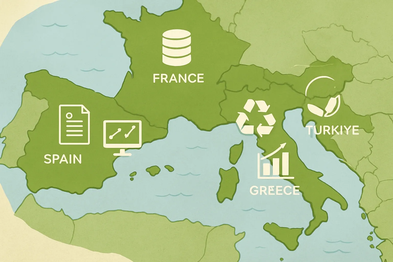 A clean coastal map labeling France, Spain, Italy, Portugal, Greece, and Türkiye with subtle icons for their primary EPD programs and data hubs.