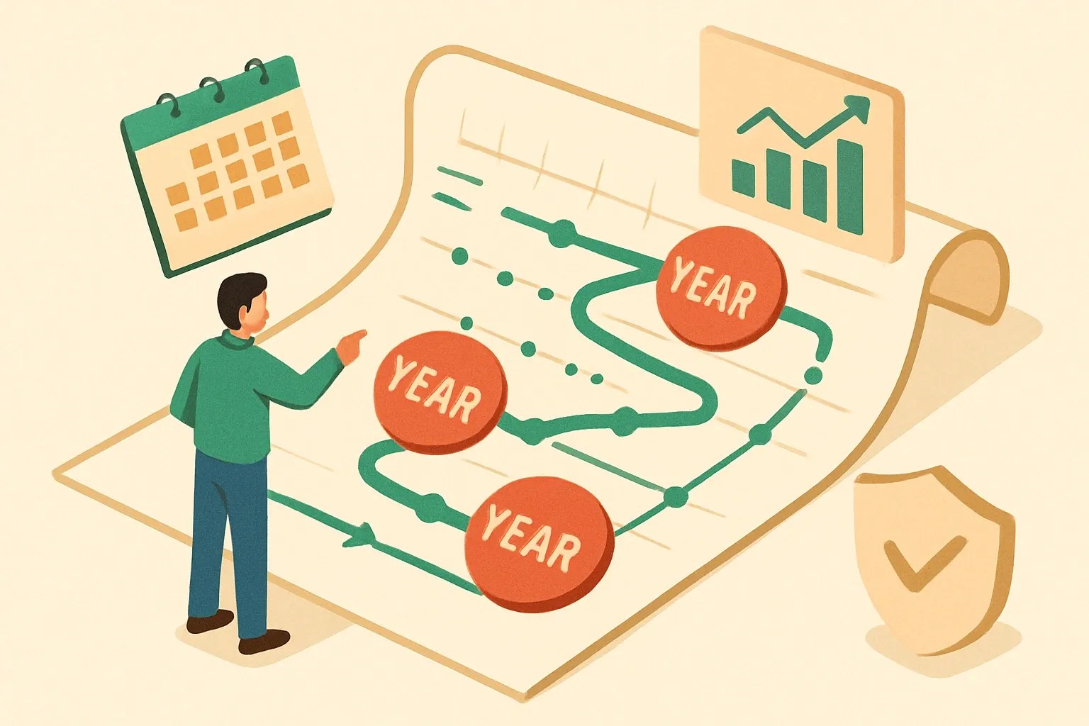 Generate an illustration for an article following this concept:
Design a Two to Three Year EPD Roadmap
If EPD work starts only when a spec asks for it, the team is already late. A rolling plan that pairs new declarations and renewals with sales milestones and policy windows keeps revenue moving and risk low. Treat it like a league schedule, not a pop quiz.
Ensure that you use no text, as this illustration will be used on international translations of the article..
Use an illustrative style (e.g. isometic) and don't generate in a photorealistic style.