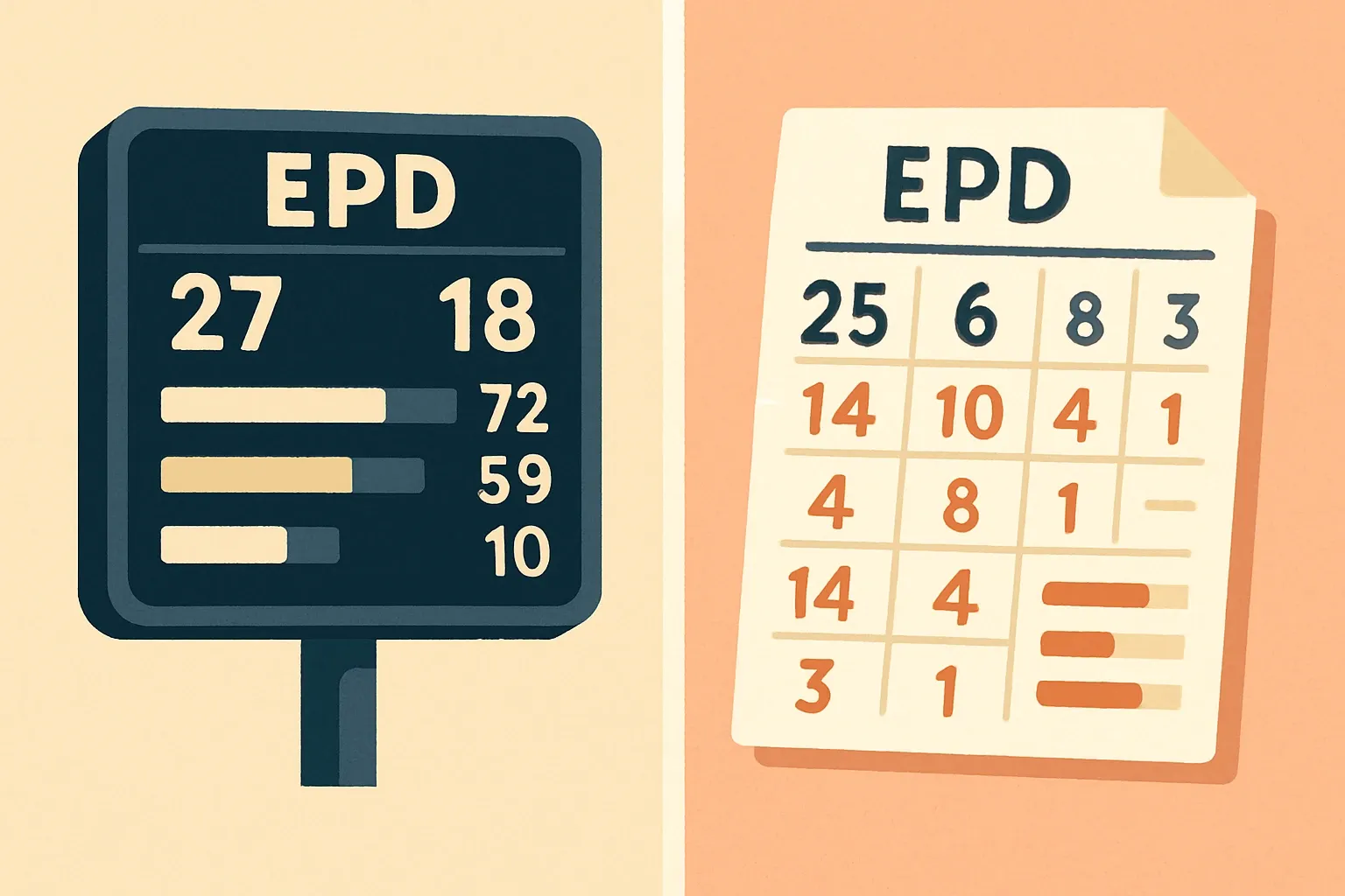 A split-screen illustration showing a sports league scoreboard labeled “Industry‑Wide EPD” on one side and a detailed single team stat sheet labeled “Product EPD” on the other, highlighting the difference between averages and product‑specific results.