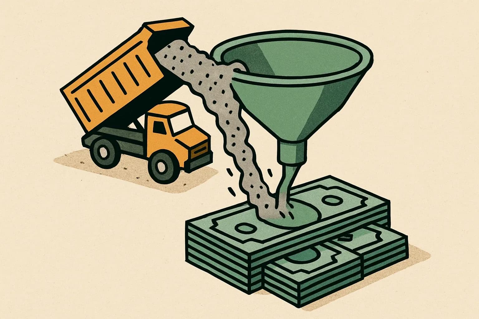 Concrete deliveries pouring through a funnel labeled ‘EPD Verification’ into cash bills, representing the flow from compliance to payment.