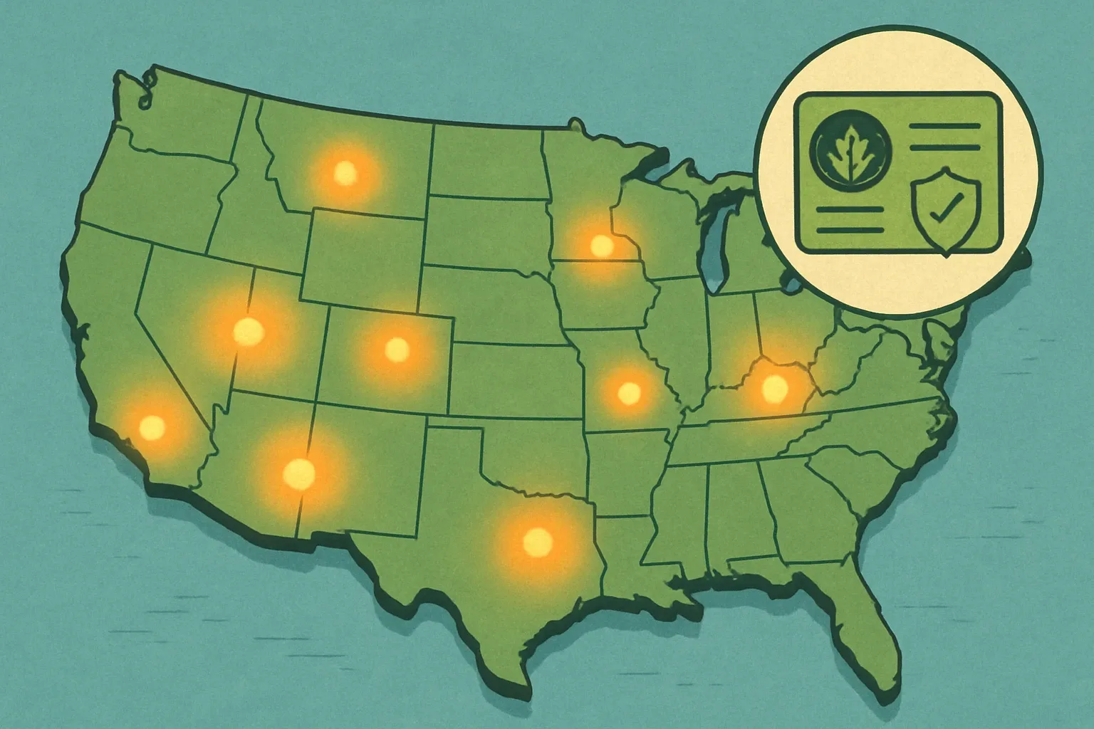A simple U.S. map with glowing beacons over states where public owners commonly require EPDs, plus an inset showing LEED v5 and a generic program operator badge.