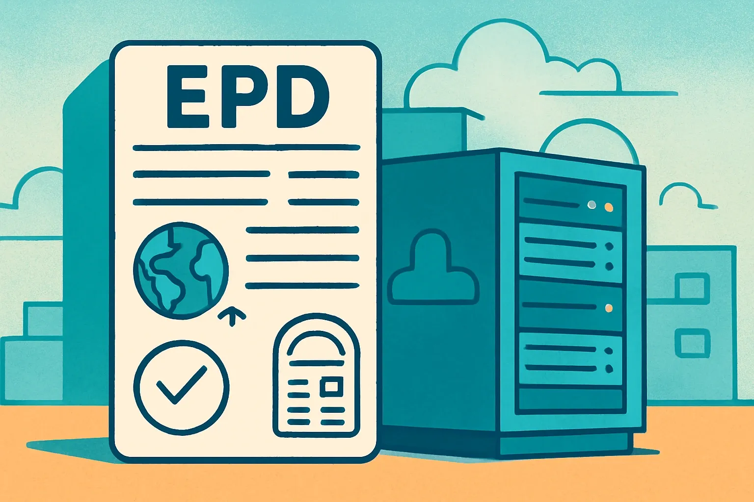 A product can displayed with a clean, label‑style panel that resembles a nutrition facts graphic, with icons for GWP, verification stamp, and the data center context in the background.