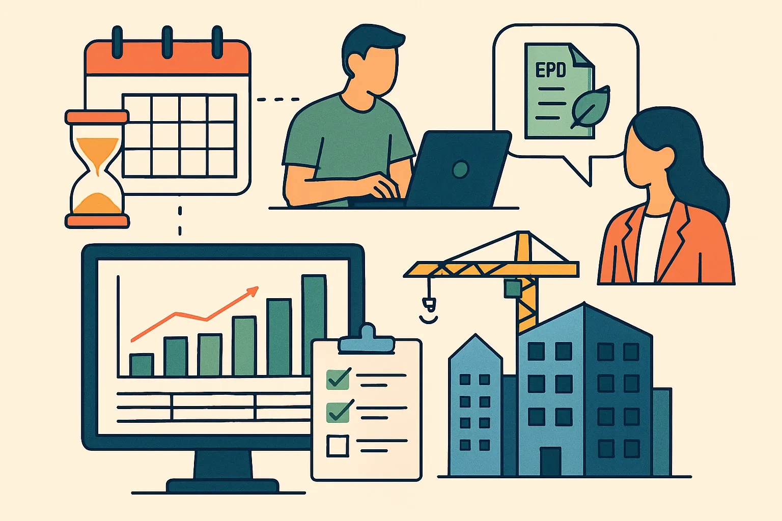 Generate an illustration for an article following this concept:
Mastering One Click LCA for Building Product Teams
Deadlines, scattered plant data, and rising requests for product EPDs create pressure from sales and specifiers. This practical guide shows how professionals can set up projects in One Click LCA, structure data once, and turn analytics into decisions that win specs without slowing operations.
Ensure that you use no text, as this illustration will be used on international translations of the article..
Use an illustrative style (e.g. isometic) and don't generate in a photorealistic style.