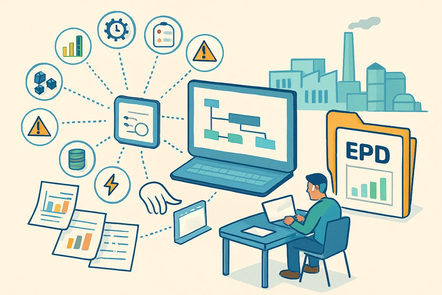 Generate an illustration for an article following this concept:
From scattered plant data to a 90-day EPD
Operations data lives in twelve places and none of them talk. That’s the blocker most manufacturers feel when EPDs come up. A white‑glove, AI‑enabled model flips the script by taking any reasonable input, doing the cleanup centrally, and pinging the right people only when needed. The payoff is speed without chaos and a small, predictable lift from each stakeholder. Here is what that actually looks like inside a 90‑day runway and why it scales across multi‑plant portfolios without stealing hours from production.
Ensure that you use no text, as this illustration will be used on international translations of the article..
Use an illustrative style (e.g. isometic) and don't generate in a photorealistic style.