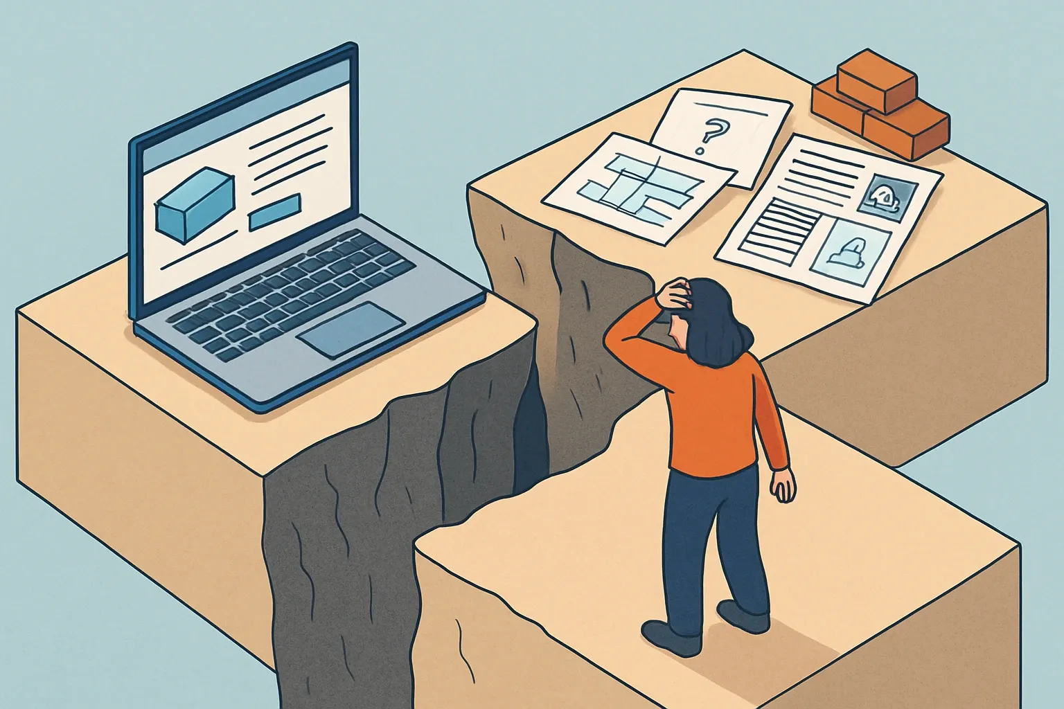 Generate an illustration for an article following this concept:
The manufacturer website satisfaction gap
Architects research on manufacturer sites first. Yet too many sites still feel like scavenger hunts. The result is lost specs and slower sales cycles. The data says the web is the top research channel, but satisfaction with how that research goes is critically low. The good news is simple: most problems are about findability, not inventing new sustainability content. Fixing navigation, surfacing technical facts, and unburying EPDs and HPDs is faster, cheaper, and wins more shortlists.
Ensure that you use no text, as this illustration will be used on international translations of the article..
Use an illustrative style (e.g. isometic) and don't generate in a photorealistic style.