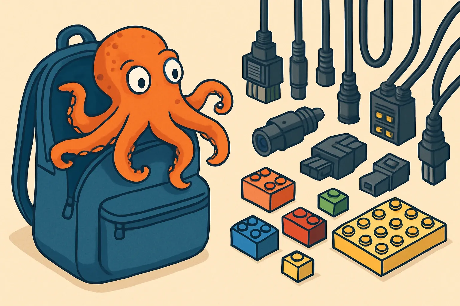 Generate an illustration for an article following this concept:
Modeling BOMs for Modular Cable EPDs
For modular trunk cabling and connector systems, a single EPD can feel like fitting an octopus into a backpack. Thousands of permutations appear to demand thousands of BOMs. The trick is to model the product like a Lego set, not a jigsaw puzzle, so the recurring parts do the heavy lifting while a few clear scale factors drive results.
Ensure that you use no text, as this illustration will be used on international translations of the article..
Use an illustrative style (e.g. isometic) and don't generate in a photorealistic style.