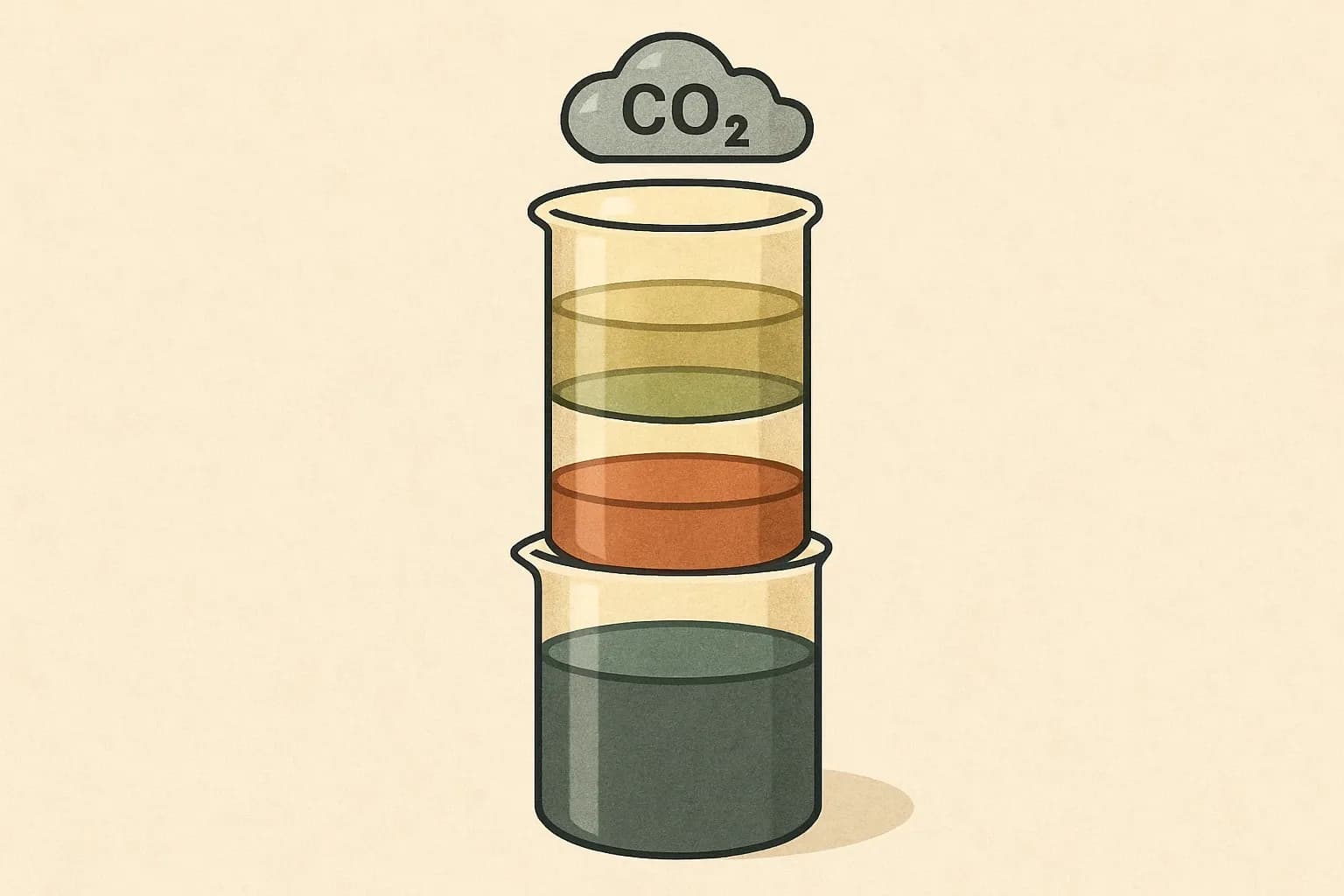 Four stacked beakers labeled fossil, biogenic, land use change, and total, each filling to different levels to show how the same product’s GWP splits across subcategories.