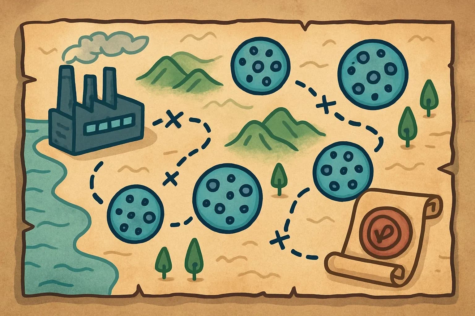 A stylized map where membrane icons journey from factory to a scroll stamped “EPD,” highlighting the data-collection path.