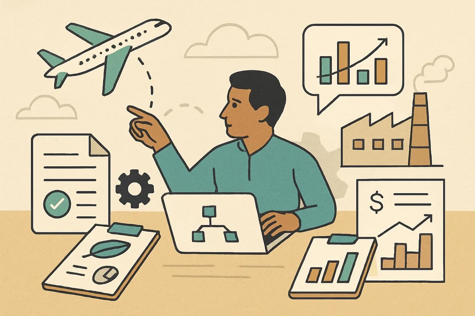 Generate an illustration for an article following this concept:
The Technical PM Playbook for EPD and LCA
In most manufacturers, an engineer or ops lead quietly becomes the air-traffic controller for EPD and LCA work. Plants need clarity, consultants need data, and executives want revenue impact without chaos. This playbook names the role, sets crisp responsibilities, and gives copy‑ready templates so the first EPD moves fast, feels manageable, and holds up under third‑party review.
Ensure that you use no text, as this illustration will be used on international translations of the article..
Use an illustrative style (e.g. isometic) and don't generate in a photorealistic style.