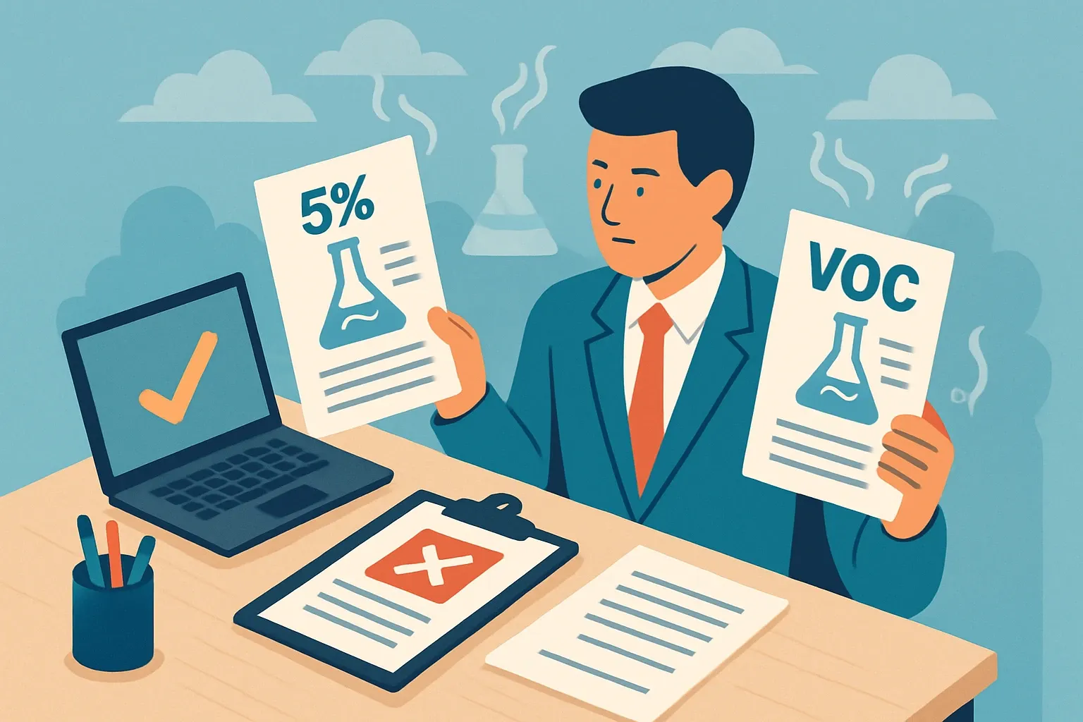 Generate an illustration for an article following this concept:
VOC emissions vs content: use the right test
Submittals get bounced for one reason more than most: someone claimed “low VOC” without the test method the spec actually asked for. Interior products live or die on this detail. Here is how to line up emissions and content claims so reviewers say yes, fast.
Ensure that you use no text, as this illustration will be used on international translations of the article..
Use an illustrative style (e.g. isometic) and don't generate in a photorealistic style.