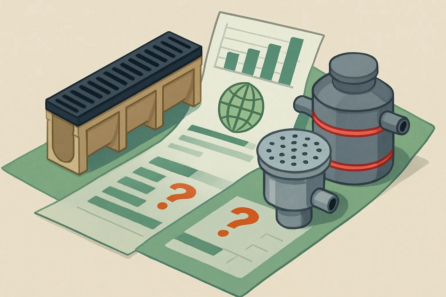 Generate an illustration for an article following this concept:
ACO Drain: products and EPD coverage snapshot
ACO is a global drainage specialist known for polymer concrete trench channels, stainless floor drains, separators, and stormwater systems. If linear drainage is on a project, ACO is often on the submittal pile. The question specifiers ask more and more: which lines have product‑specific EPDs today, and where are the gaps that could slow approvals or force substitutions in LEED‑or policy‑driven builds?
Ensure that you use no text, as this illustration will be used on international translations of the article..
Use an illustrative style (e.g. isometic) and don't generate in a photorealistic style.