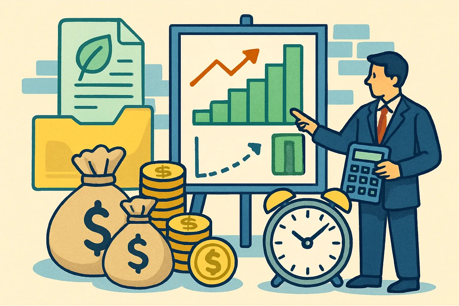 Generate an illustration for an article following this concept:
EPD ROI: How to Run the Numbers
Budgets are tight, but specs are tighter. If product-specific EPDs keep showing up in bids and LEED v5 conversations, the real question is simple. What is the return on investment and how fast do we earn it back.
Ensure that you use no text, as this illustration will be used on international translations of the article..
Use an illustrative style (e.g. isometic) and don't generate in a photorealistic style.