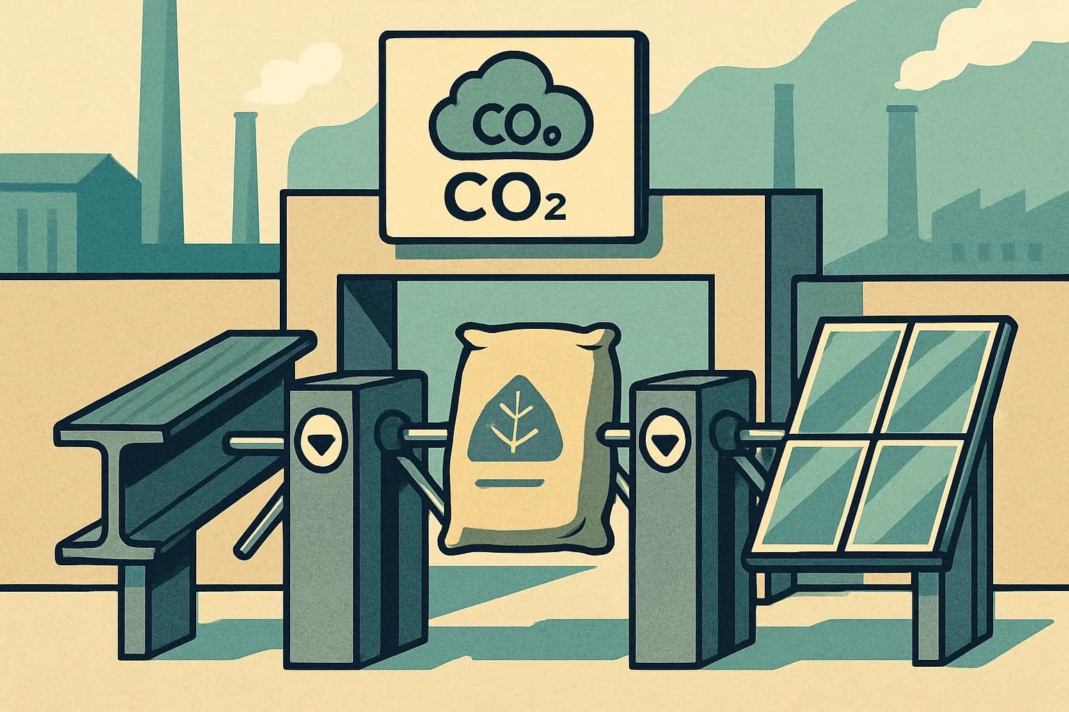 A stylized border checkpoint where steel beams, cement bags, and glass panes pass through turnstiles, hinting at CBAM and procurement thresholds.