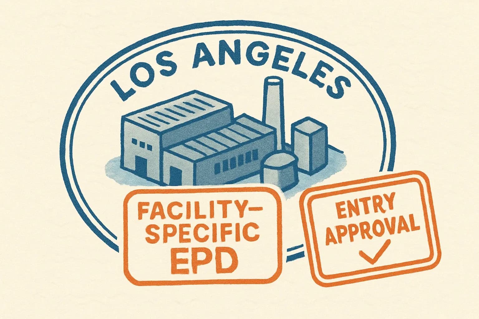 A passport-style stamp graphic marked “Facility-Specific EPD” to show entry approval into the Los Angeles market.
