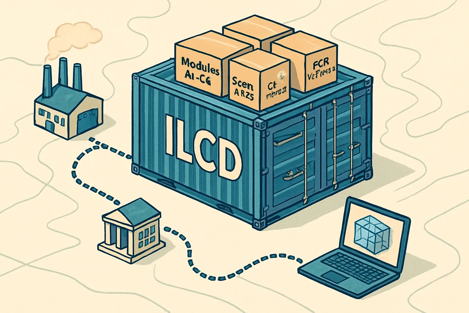 A sturdy cargo container labeled ILCD carries smaller boxes labeled Modules A1–C4, Scenarios, CF version, and PCR reference along a shipping route map from Plant to EPD Library to BIM model.