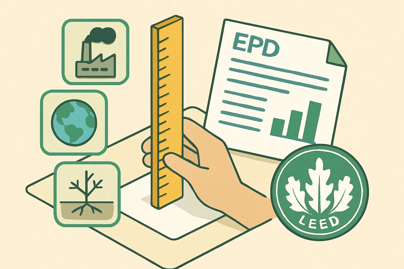 Generate an illustration for an article following this concept:
TRACI 2.2, the North American impact yardstick
Spec writers keep asking for TRACI numbers. Product teams keep asking what they mean. Here is the plain‑spoken guide to what TRACI 2.2 measures, why it shows up in EPDs, and how to make sure your next declaration is clean, comparable, and ready for LEED v5 reviews without late‑night recalcs.
Ensure that you use no text, as this illustration will be used on international translations of the article..
Use an illustrative style (e.g. isometic) and don't generate in a photorealistic style.