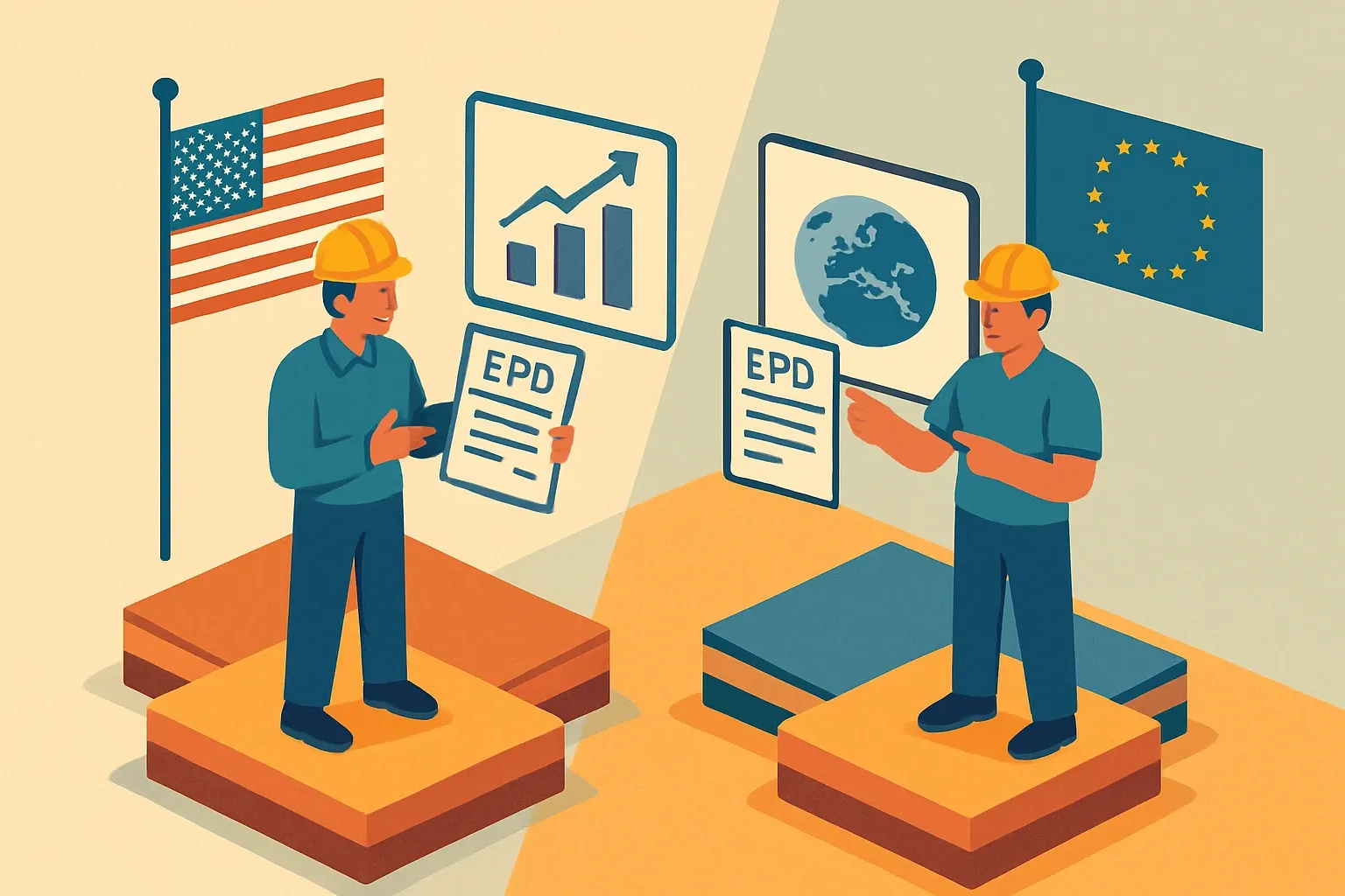 Generate an illustration for an article following this concept:
Resinous Flooring EPDs: US vs Europe Program Operators
Resinous flooring sits in MasterFormat 09 67 23, yet the right program operator depends on where the spec lands and which standard the buyer expects. Pick well and your EPD moves quickly, lands in the right databases, and avoids rework. Pick poorly and teams burn weeks on formatting, audits, and translations that do not move revenue.
Ensure that you use no text, as this illustration will be used on international translations of the article..
Use an illustrative style (e.g. isometic) and don't generate in a photorealistic style.