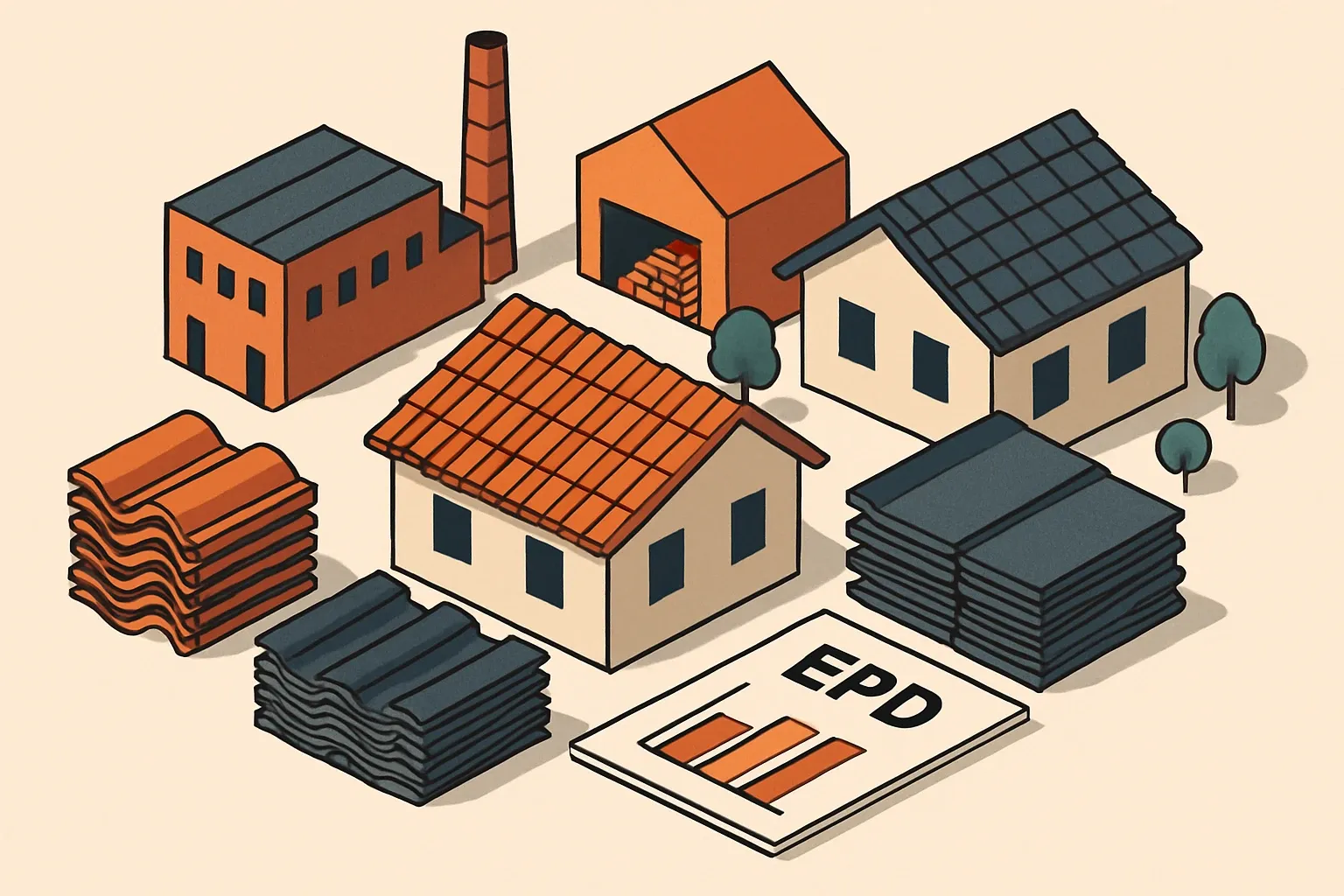 Generate an illustration for an article following this concept:
Bristile Roofing: product range and EPD coverage snapshot
Bristile Roofing sits inside Brickworks and sells terracotta and concrete roof tiles across Australia. The portfolio is broad and design‑driven, yet public EPD coverage for the tile lines appears thin. For manufacturers, that mix is both a strength and a missed open goal in specs that now prefer product‑specific EPDs.
Ensure that you use no text, as this illustration will be used on international translations of the article..
Use an illustrative style (e.g. isometic) and don't generate in a photorealistic style.