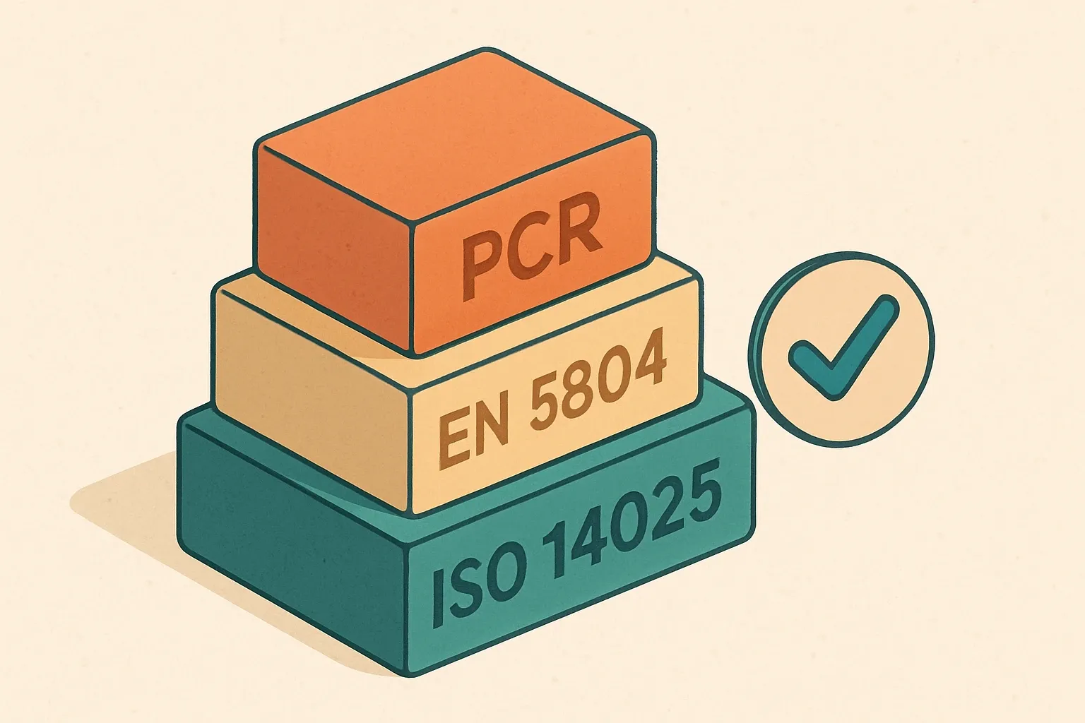 A clean stack of labeled blocks: ISO 14025 at the base, EN 15804 as the middle layer, a PCR block on top, with a small verified badge placed beside them.