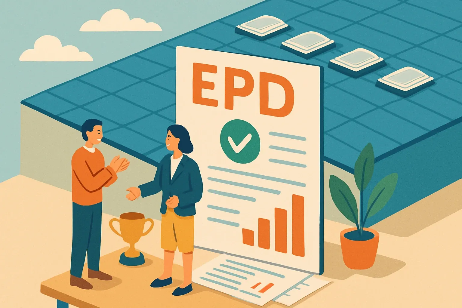 Generate an illustration for an article following this concept:
Congrats, Equipol: first EPDs for skylights go live
Skylights live on spec sheets where numbers speak. Equipol just put verified numbers on the table with its first Environmental Product Declarations, a timely move for daylighting in industrial and commercial roofs. Here is what launched in July 2025, who verified it, and why this matters in bids that increasingly sort winners by product‑specific EPDs.
Ensure that you use no text, as this illustration will be used on international translations of the article..
Use an illustrative style (e.g. isometic) and don't generate in a photorealistic style.