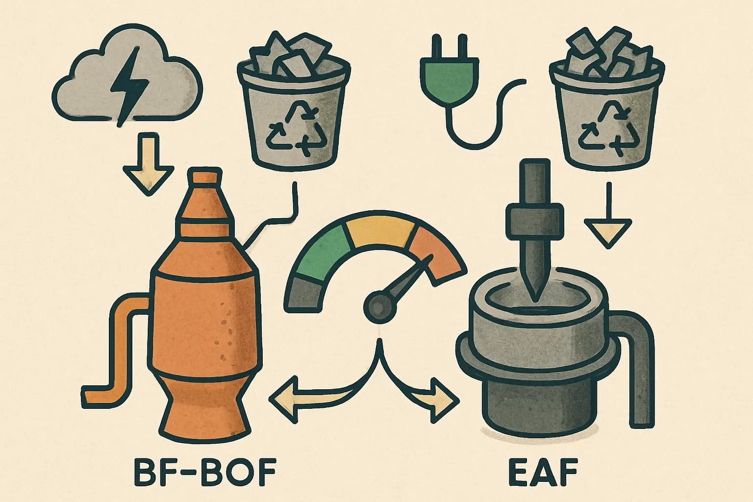 Side‑by‑side sketch of two steelmaking routes, BF‑BOF and EAF, each with icons for energy source and scrap input, feeding a single GWP gauge.
