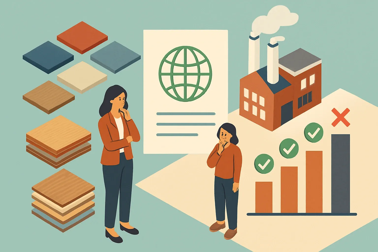 Generate an illustration for an article following this concept:
Arpa Laminates: product range and the EPD gap
Specifiers love choice, but they hate risk. If a product lacks an Environmental Product Declaration (EPD), it often drops behind alternatives during carbon‑accounted bids. Here is where Arpa Laminates sits today, what they likely sell, and how that maps to EPD coverage competitors already use to win work.
Ensure that you use no text, as this illustration will be used on international translations of the article..
Use an illustrative style (e.g. isometic) and don't generate in a photorealistic style.