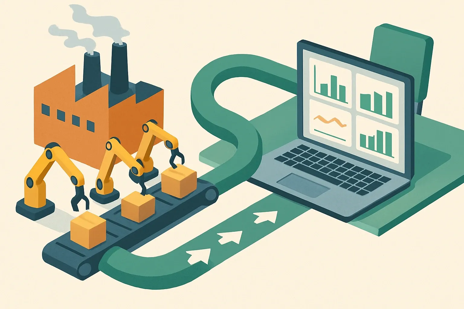A flow from a manufacturing line through a data pipeline into a simple four‑box TCFD dashboard on a laptop, showing the connection between product data and enterprise climate risk reporting.