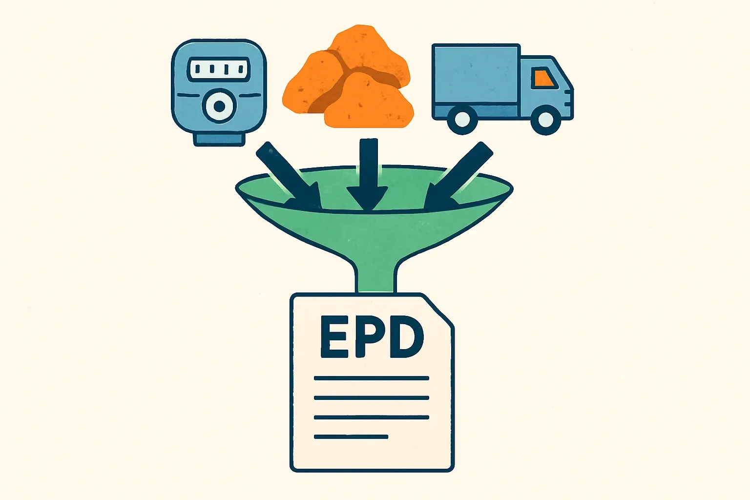 Icons of energy meters, raw materials, and shipment trucks funneling into a document stamped "EPD" to symbolize organized data collection.