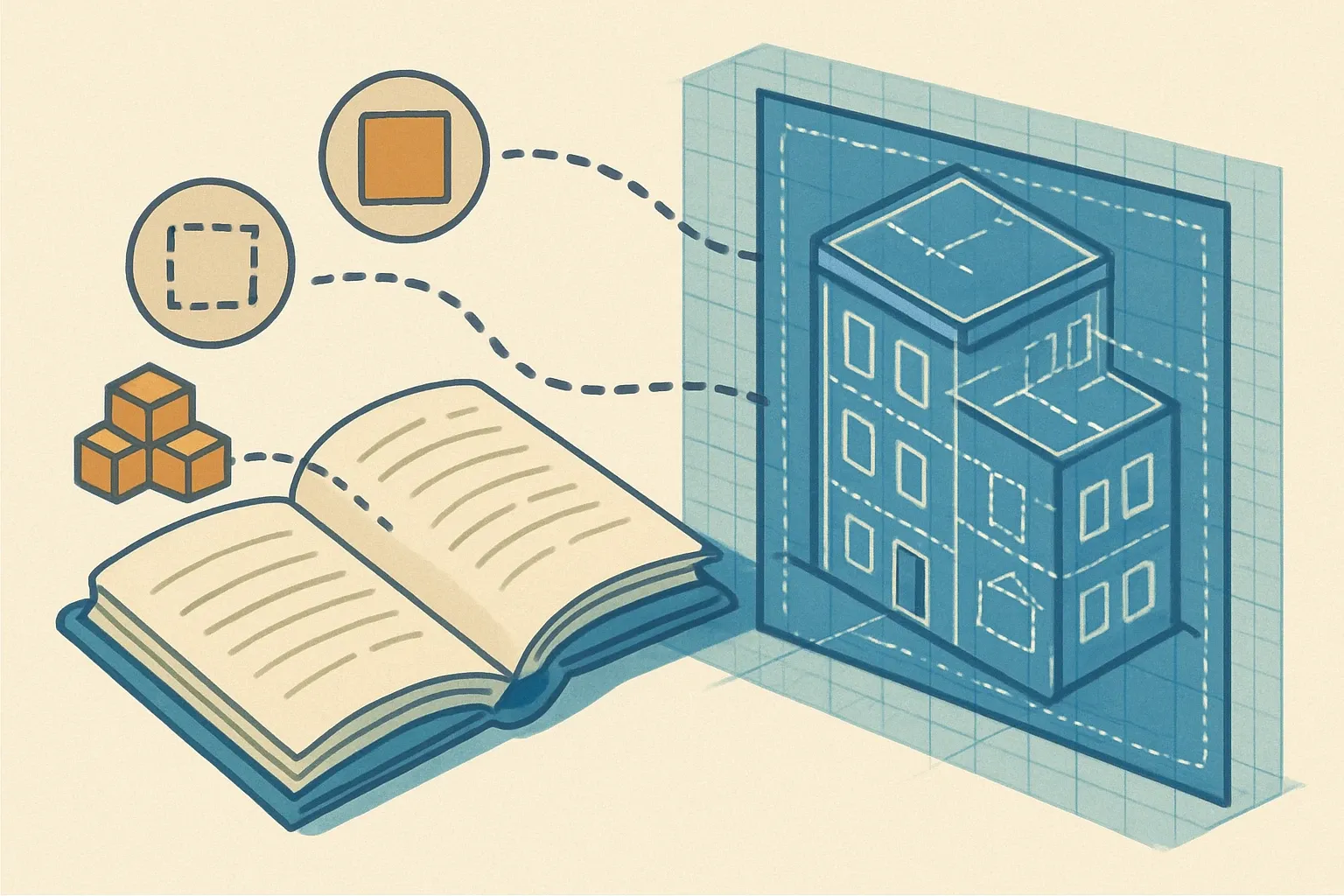 An open rulebook morphing into a building blueprint, with icons for functional unit, system boundary, and modules to visualize how PCR guidance turns into EPD structure.